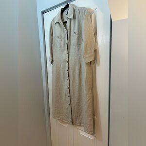 Paraphrase 100% Linen Shirt Dress 16W Beige Button Front Midi Pockets